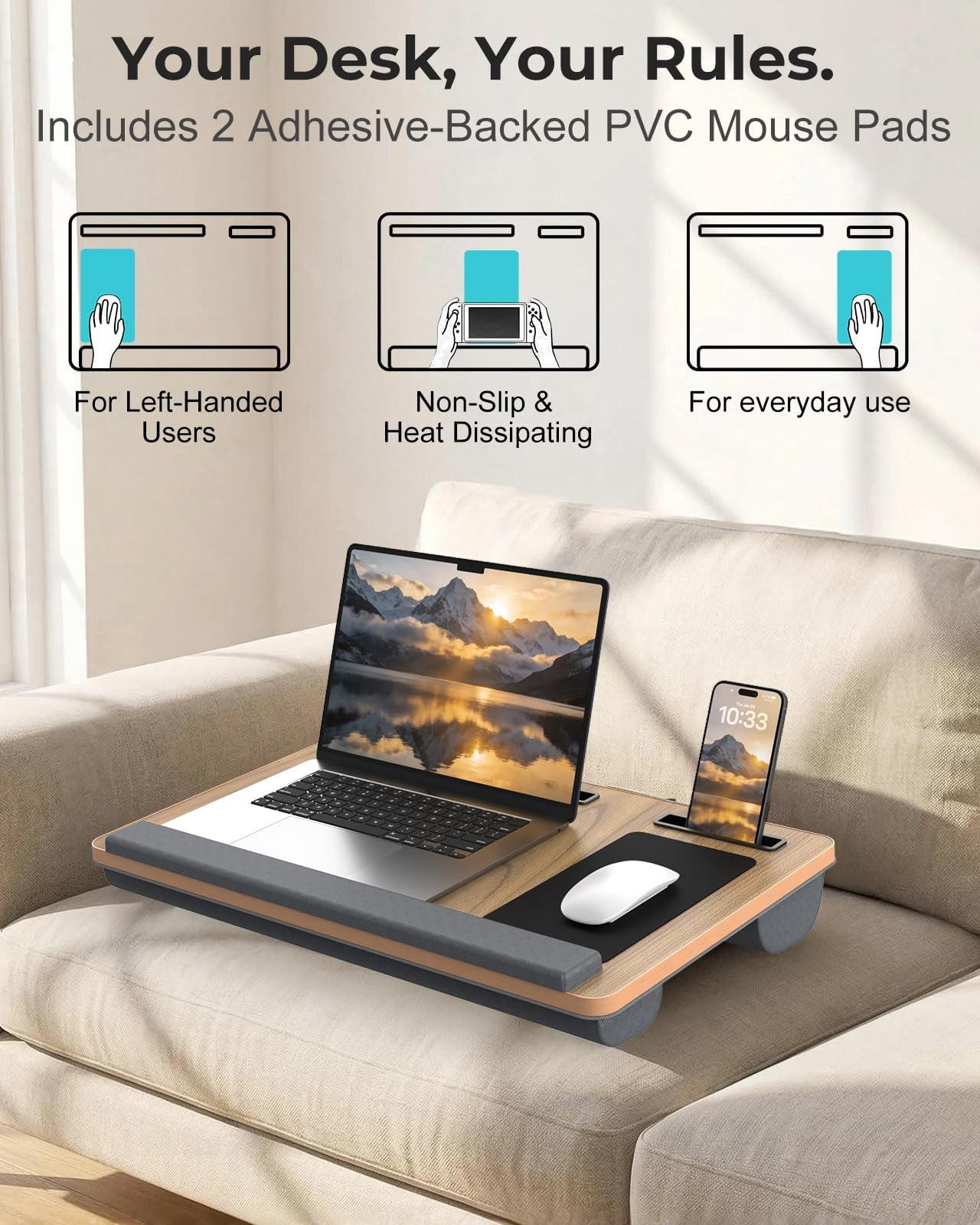 Lap Desk - Up To 17" Laptop With Wrist Rest  Portable Handle 2 Self-adhesive Pvc Mouse Pads Tablet & Phone Slots Stand For Bed Cushion (dark Brown Woodgrain)