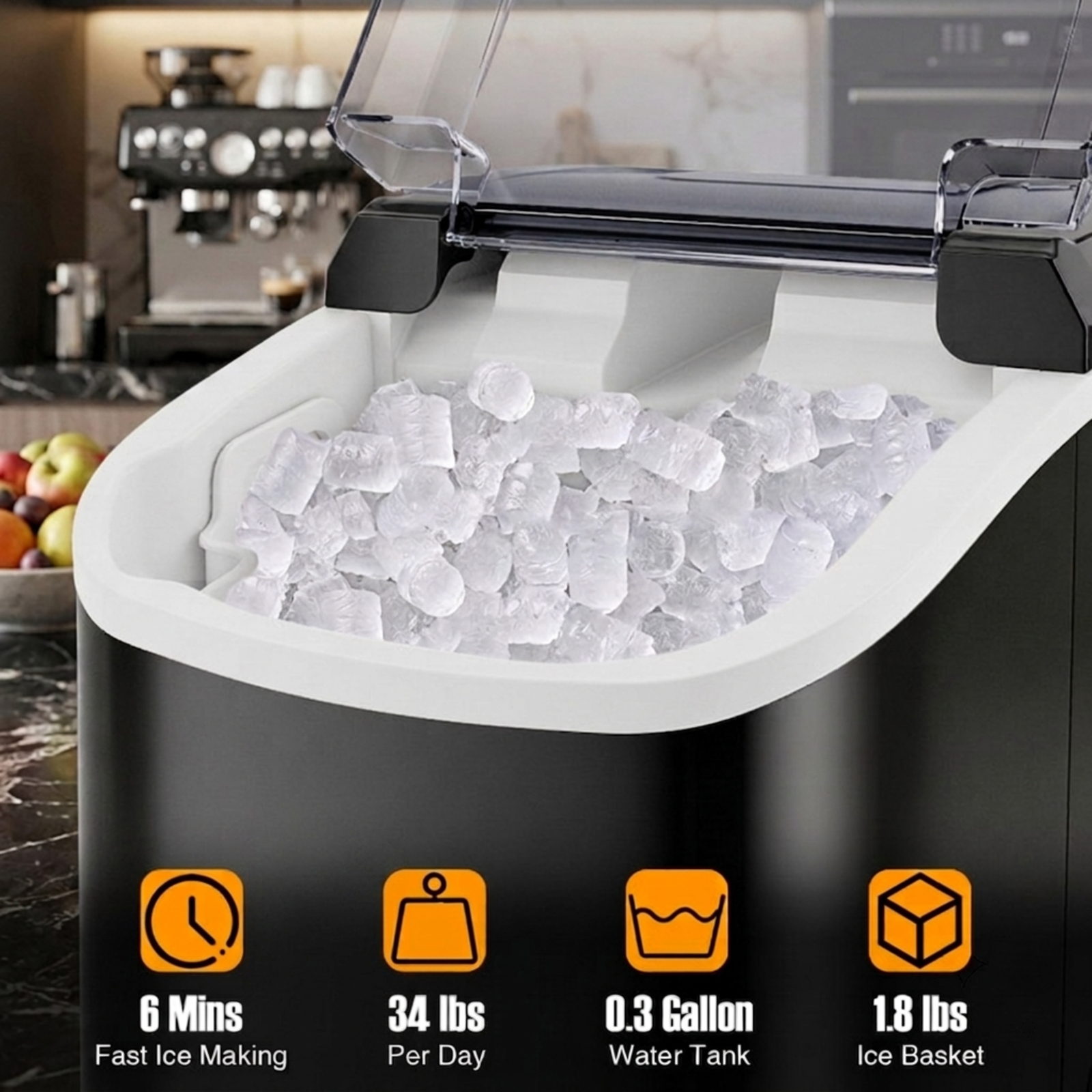 RUIE Nugget Ice Maker Countertop, Soft Chewable Pellet Ice Machine 34 lbs/Day for Home Kitchen Office Bar, Portable Ice Maker with Scoop, Black