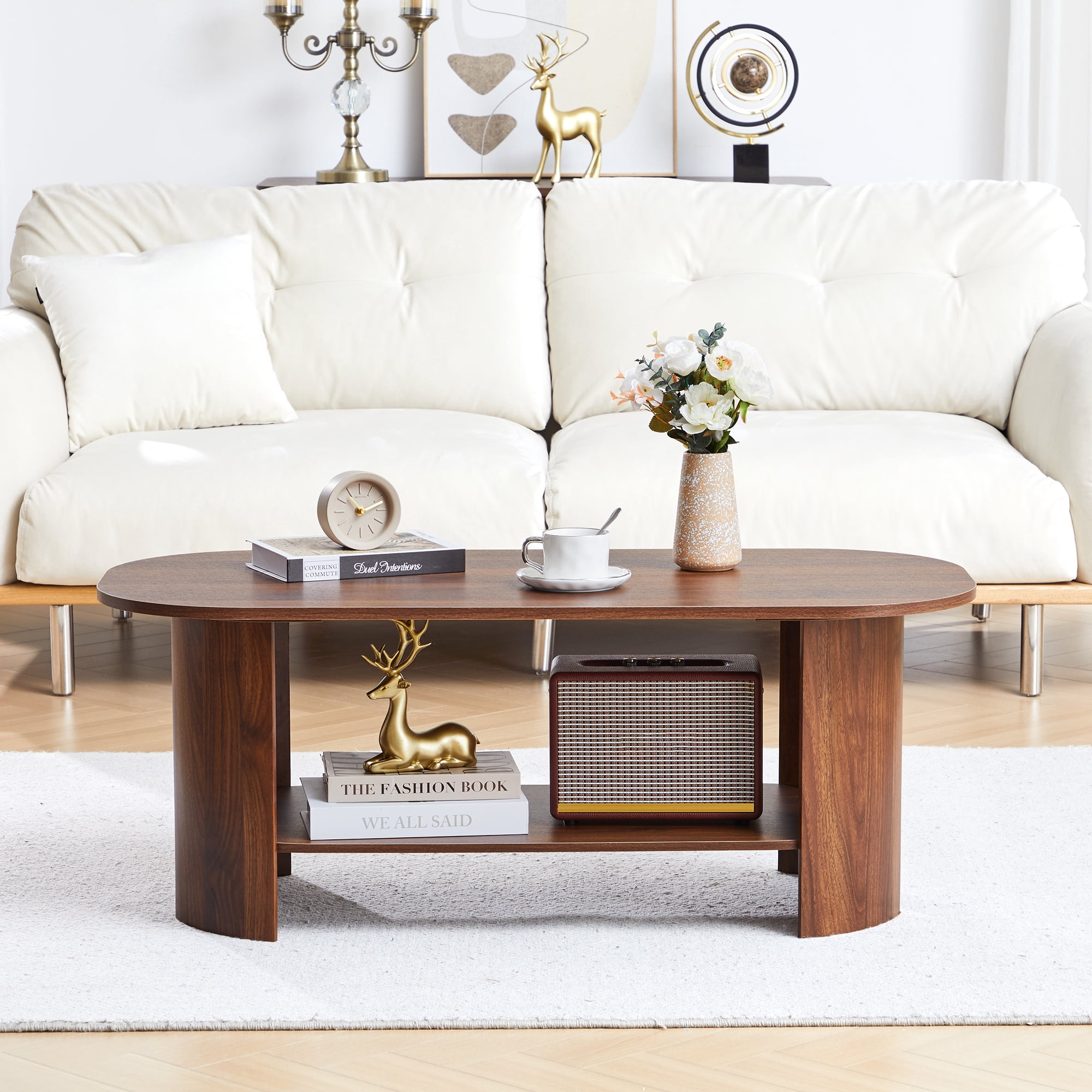 Wirrytor Oval Coffee Table with Storage Shelf, 2-Tier Modern Farmhouse Wood Center Table for Living Room, Rustic Brown