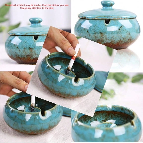 Ceramic Ashtray with Lids Windproof Cigarette Ashtray for Indoor or Outdoor UseAsh Holder for Smokers Desktop Smoking Ash Tray for Home Office Decoration Blue