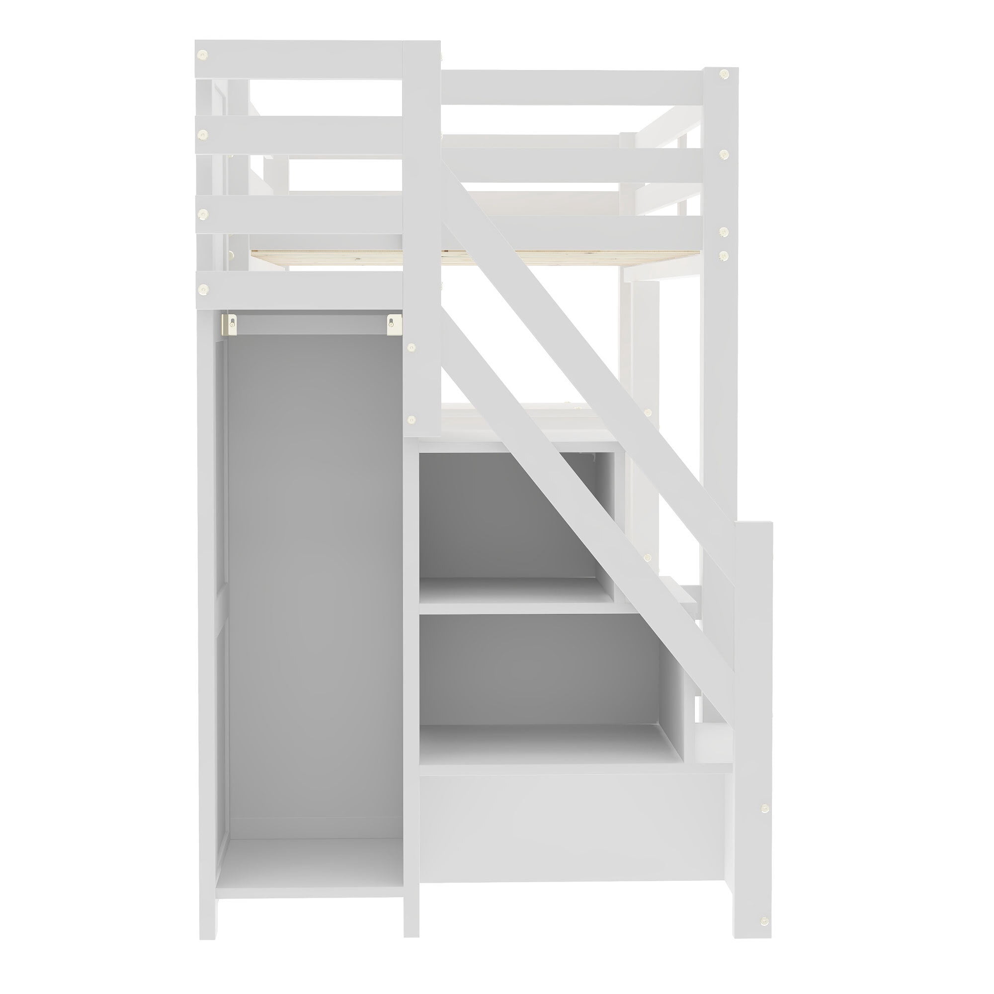 Euroco Wood Twin Size Loft Bed with Storage Staircase and Shelves, LED Light and Wardrobe for Kids, White