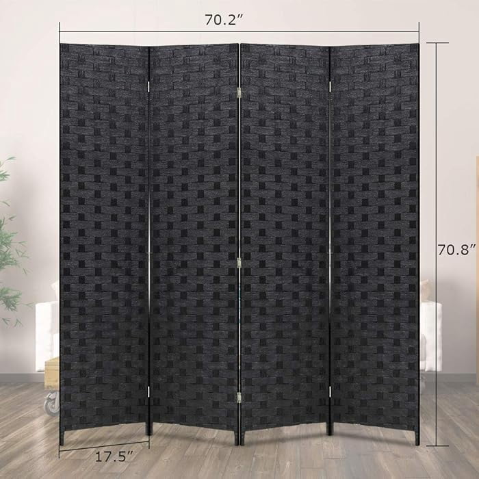 Room Dividers and Folding Privacy Screens 4 Panel 6 ft Foldable Portable Room Seperating Divider, Handwork Wood Mesh Woven Design Wall, Freestanding, Black