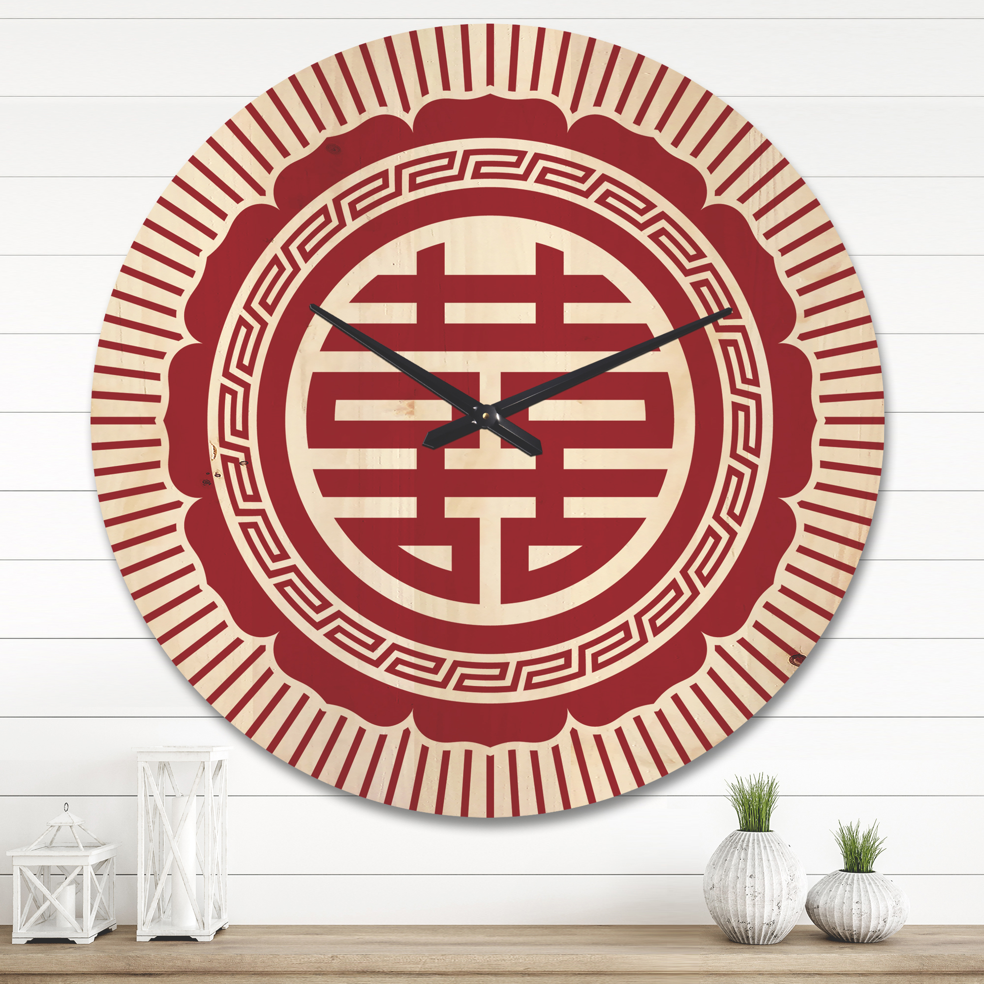 Designart 'Red Asian Double Happiness Symbol ' Modern Wood Wall Clock