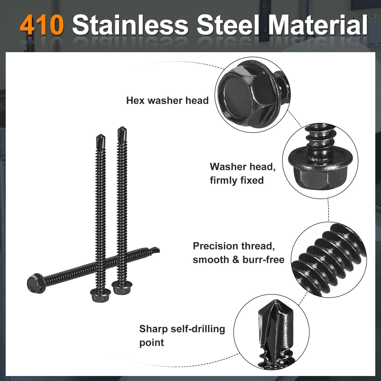 Uxcell 25 Pack #14 x 4" Self Drilling Screws, 410 Stainless Steel Self Tapping Screws for Metal, Black Oxidation Finish, Hex Washer Head Sheet Metal Screws