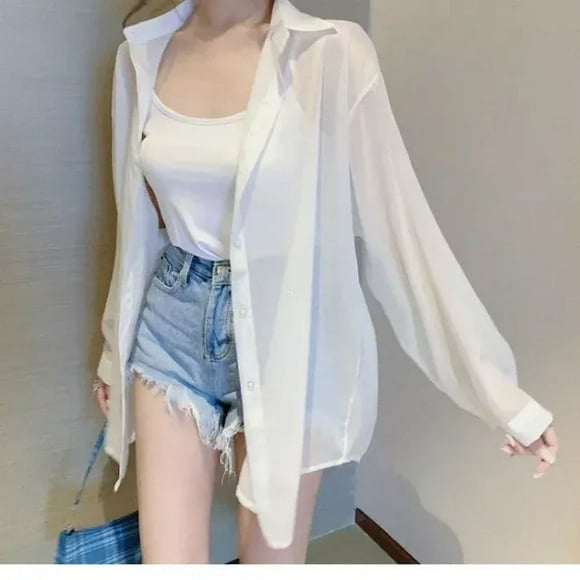 JUNWELL Korean Sunscreen Shirt Women Summer Clothes Fashion Bandage Blouses Elegant Loose Long Sleeve See Through White Tops