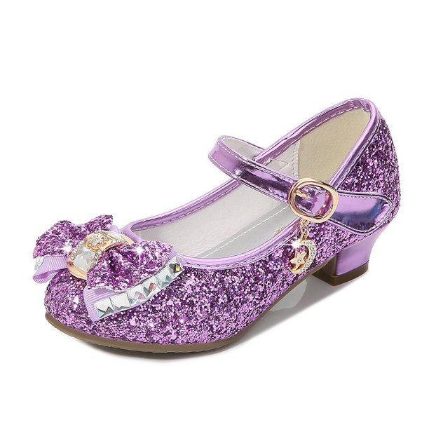 Zapatos de tacón alto de cuero para niñas de primavera y otoño, zapatos de lentejuelas y cristales, zapatos de baile con lazo para niñas pequeñas