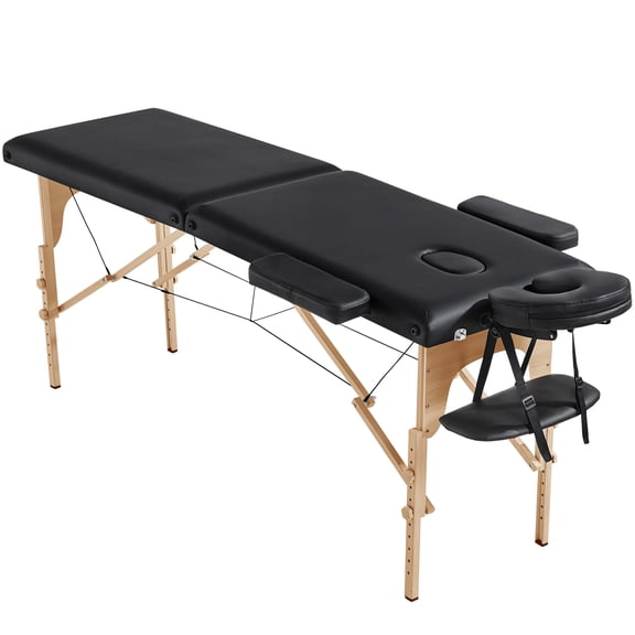 Renwick 2 Sections Adjustable Folding Massage Bed with Headrest/Armrest/Hand Pallet, Black