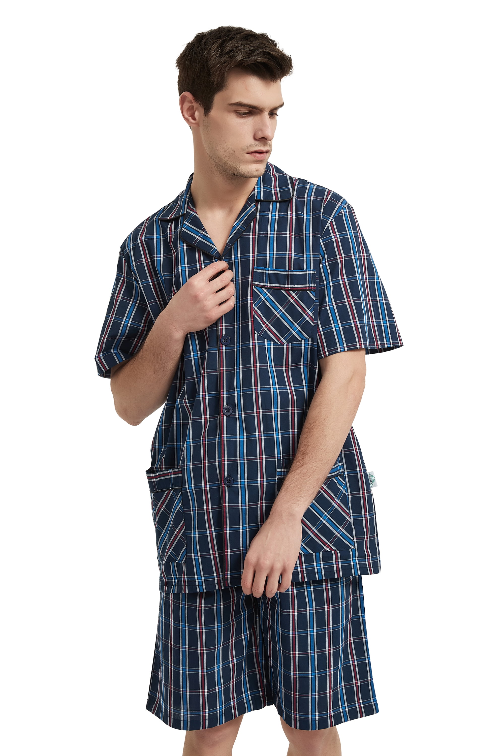 GLOBAL Men’s Cotton Short Sleeve and Shorts Yarn Pajama Set with ...