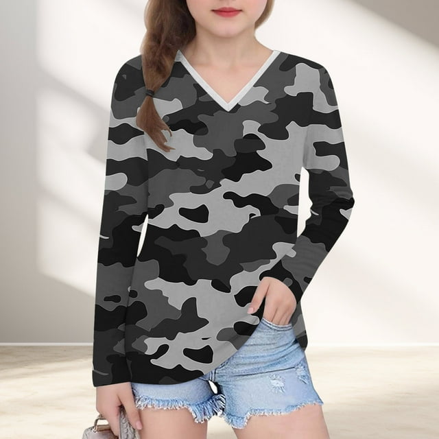 YUNAFFT Chandail à Col en V pour Filles Imprimé Camouflage Manches Longues Style Décontracté