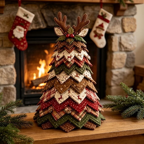 Quilted Christmas Tree Tabletop Decor 12 Inch Hand Stitched Fabric Xmas Ornament Vintage Patchwork Desktop Decoration for Home Party Holiday Display