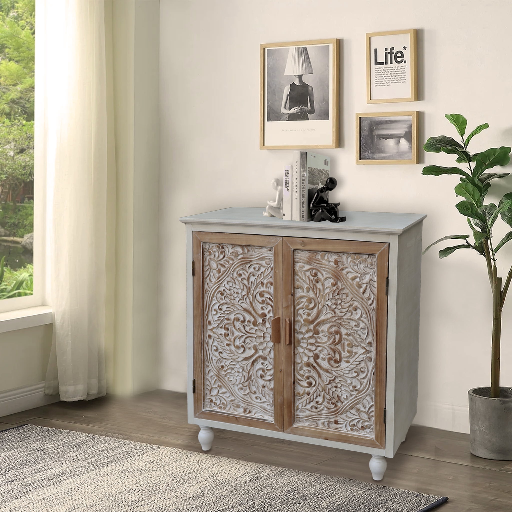 Parisloft Farmhouse Wood Storage Cabinet with Carved Doors and Movable Shelf, 34.5"H