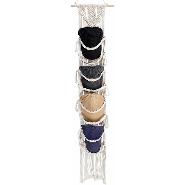 Organizador de macramé para gorras de béisbol, estilo bohemio, para 8 gorras, organizador de pared para gorras.