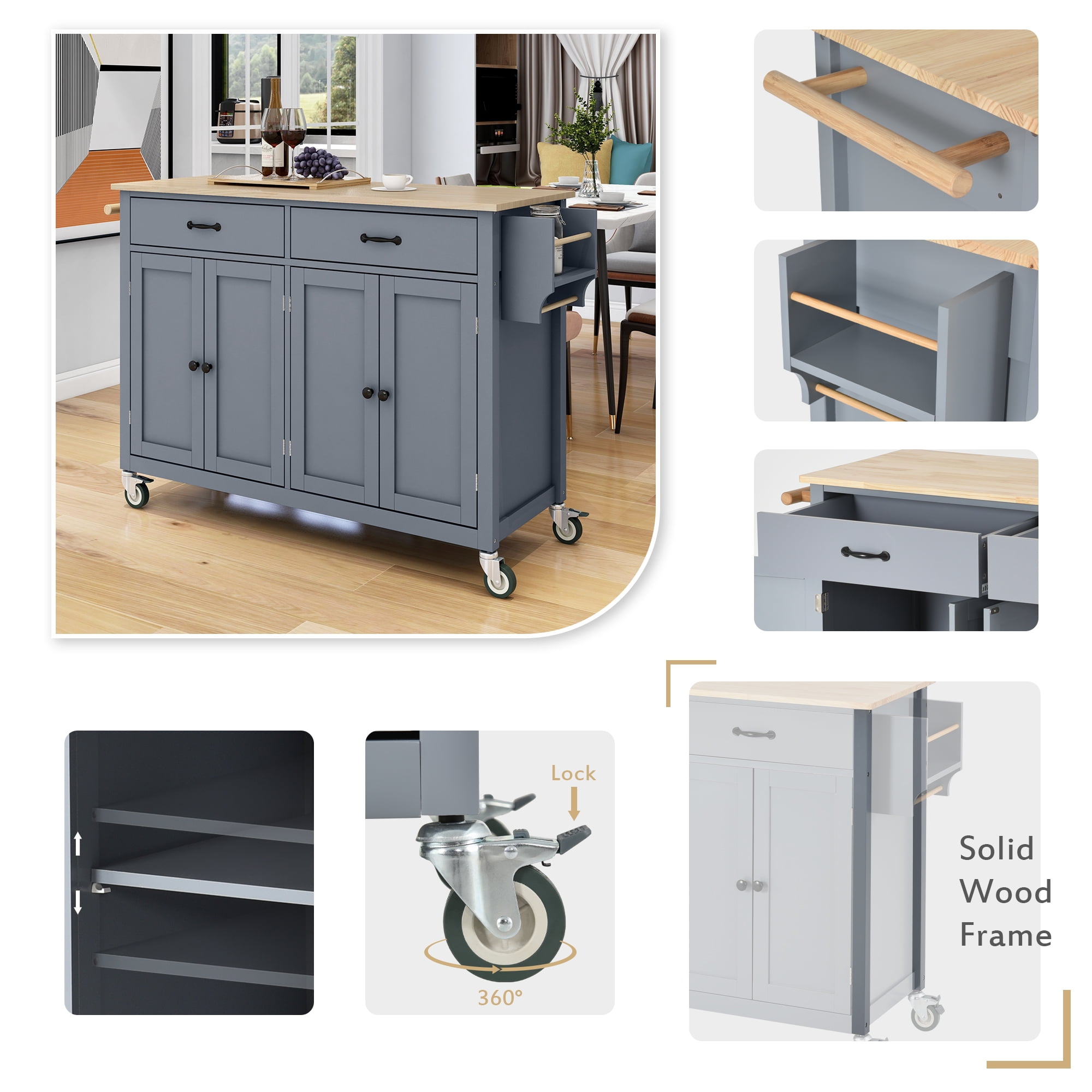 Euroco 54.3" Kitchen islands Cart with Storage on Wheels, Kitchen Cart with Spice Rack, Towel Rack,Adjustable Shelf and 2 Drawers for Dining Room