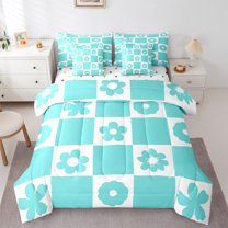 Homewish Retro Flowers 7 Pieces Bedding Comforter Set for Kids Children Teens,Geometric Plaid Grid Full Bedding Set Lightweight,Chic Floral Fitted Sheet Flat Sheet,Ultra Soft Home Decor,Reversible