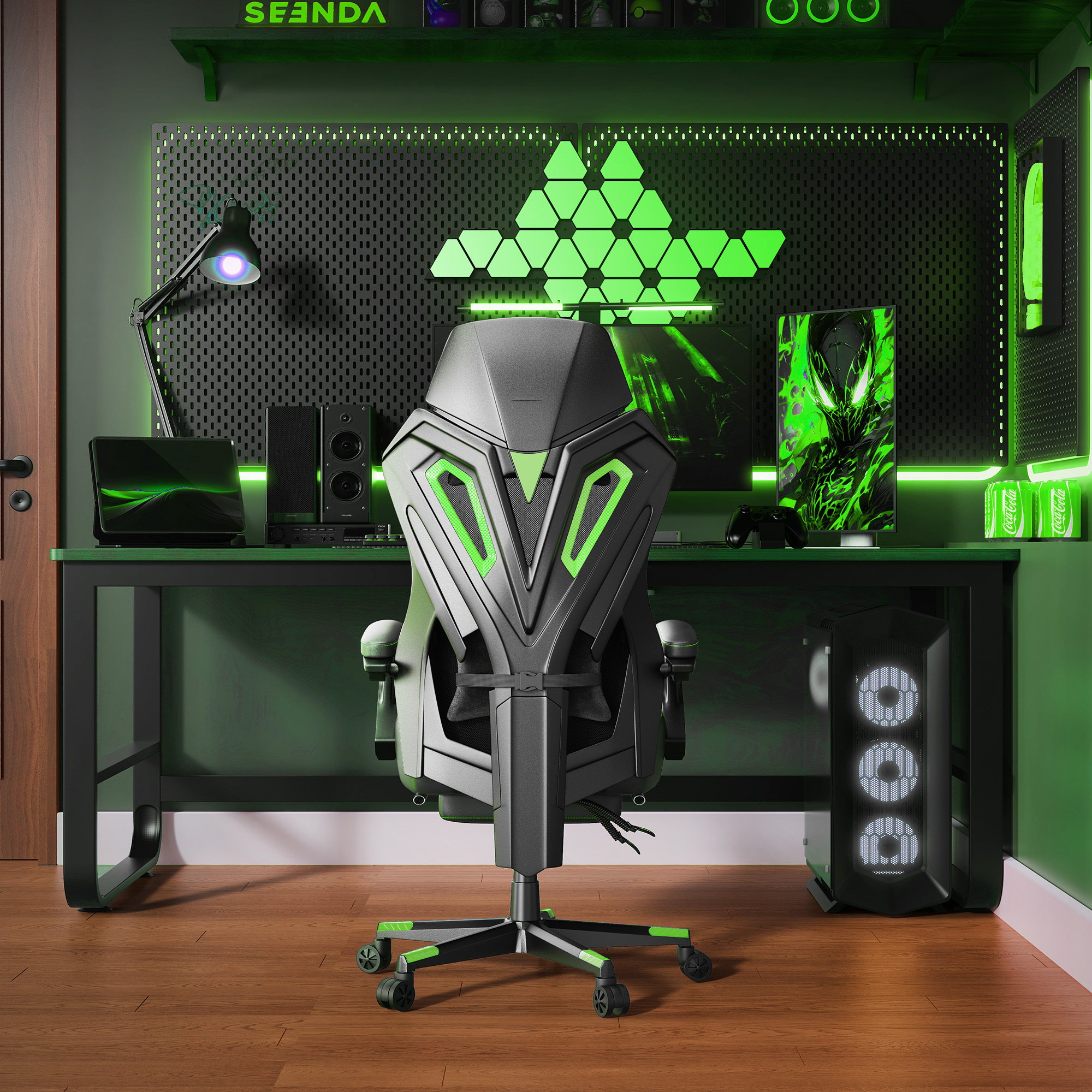 Seenda Massage Gaming Chair, Computer Chair with Mesh Back, Ergonomic Office Chair with Footrest, Reclining Game Chair with Adjustable Headrest and Lumbar Support for Gaming and Office