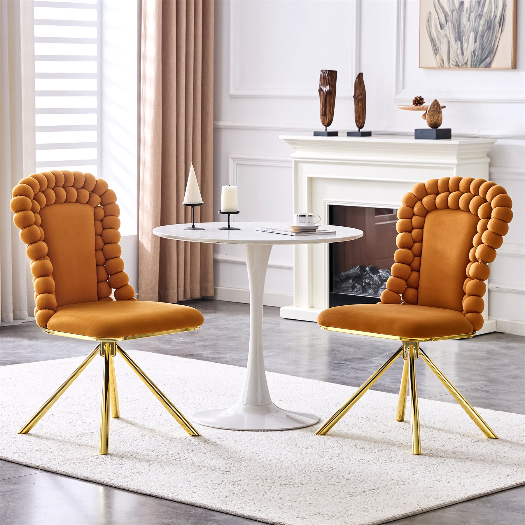Alvantor Velvet Bubble Dining Chairs, Orange, Set of 2 with Metal Legs
