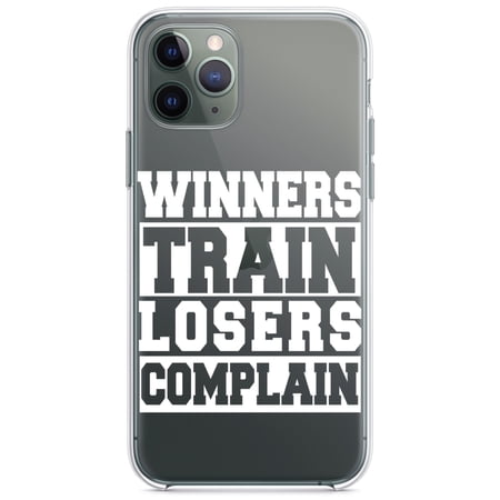 DistinctInk Clear Hybrid Case for Apple iPhone 12 Pro Max (6.7" Screen) - Winners Train Losers Complain - Tempered Glass Back