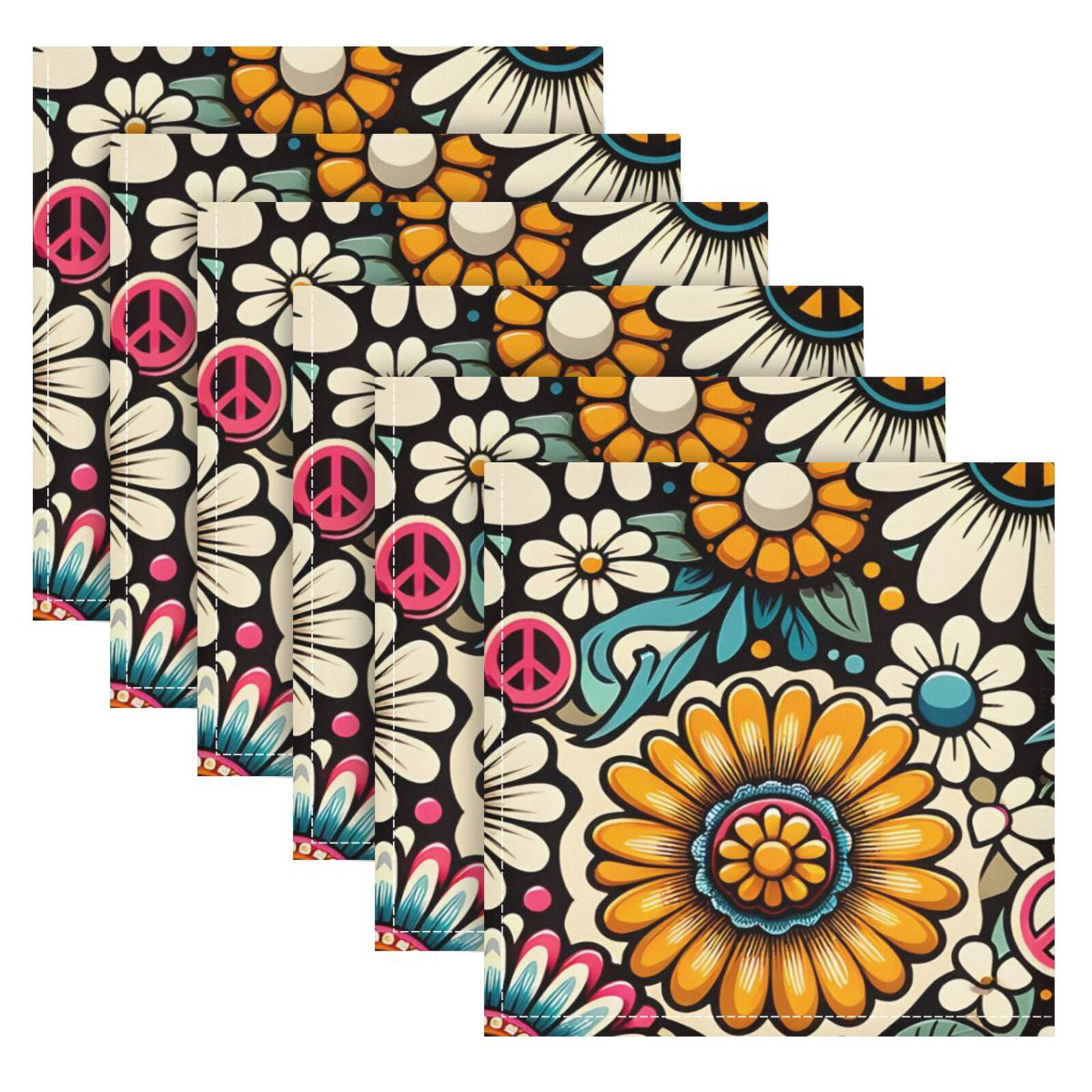 JSTEL Daisy Flower Peace Vintage Cloth Napkins Set of 6, 20x20 Inch Washable and Reusable Napkin for Decoupage Dinner Party Everyday Use