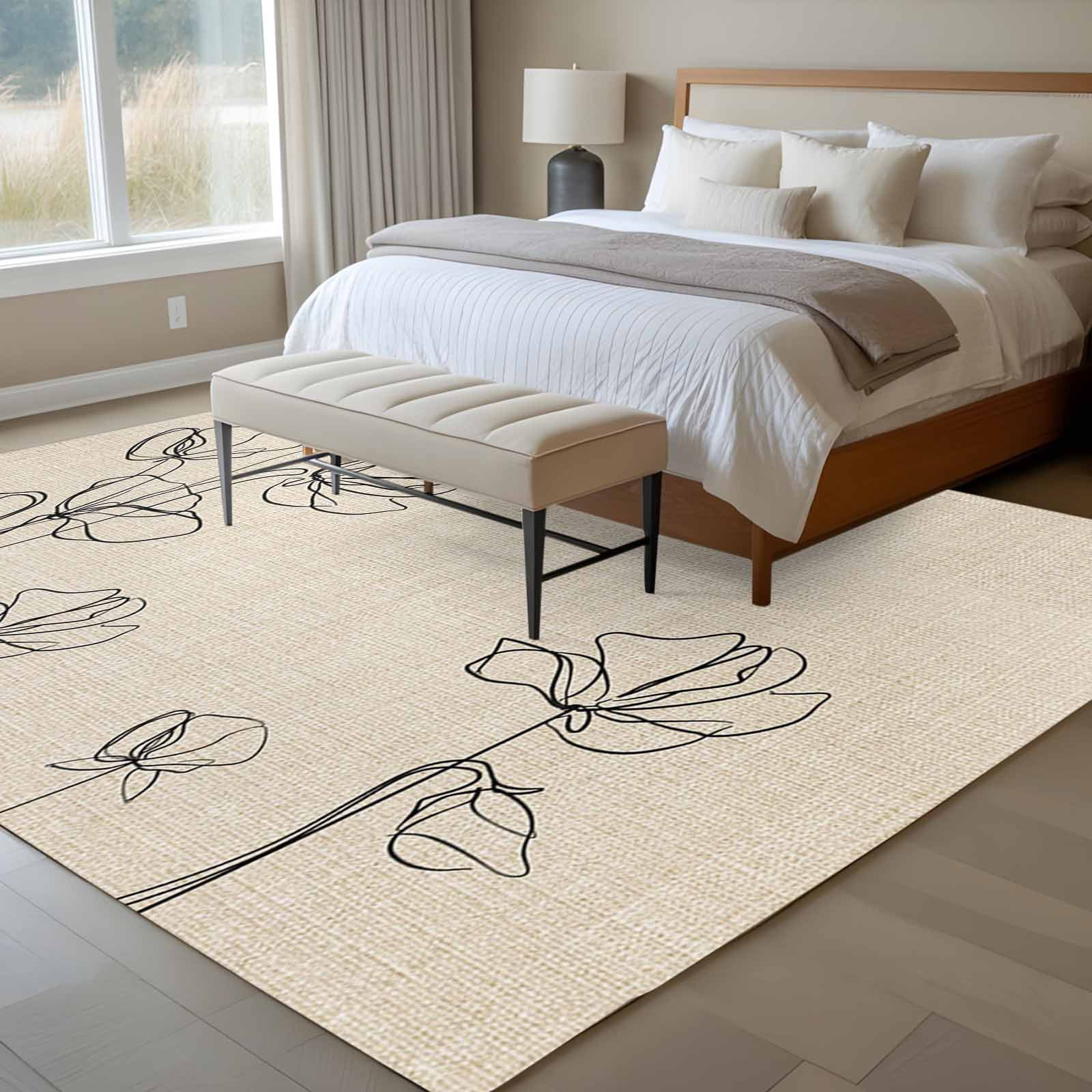 Rectangle Area Rugs 6 x 9 Ft, Retro Beige Flowers Non-Slip Residential Carpet, Rustic Abstract Floral Simple Art Indoor Crawling Mats Runner Rugs for Living Room/Dining Room/Bedroom