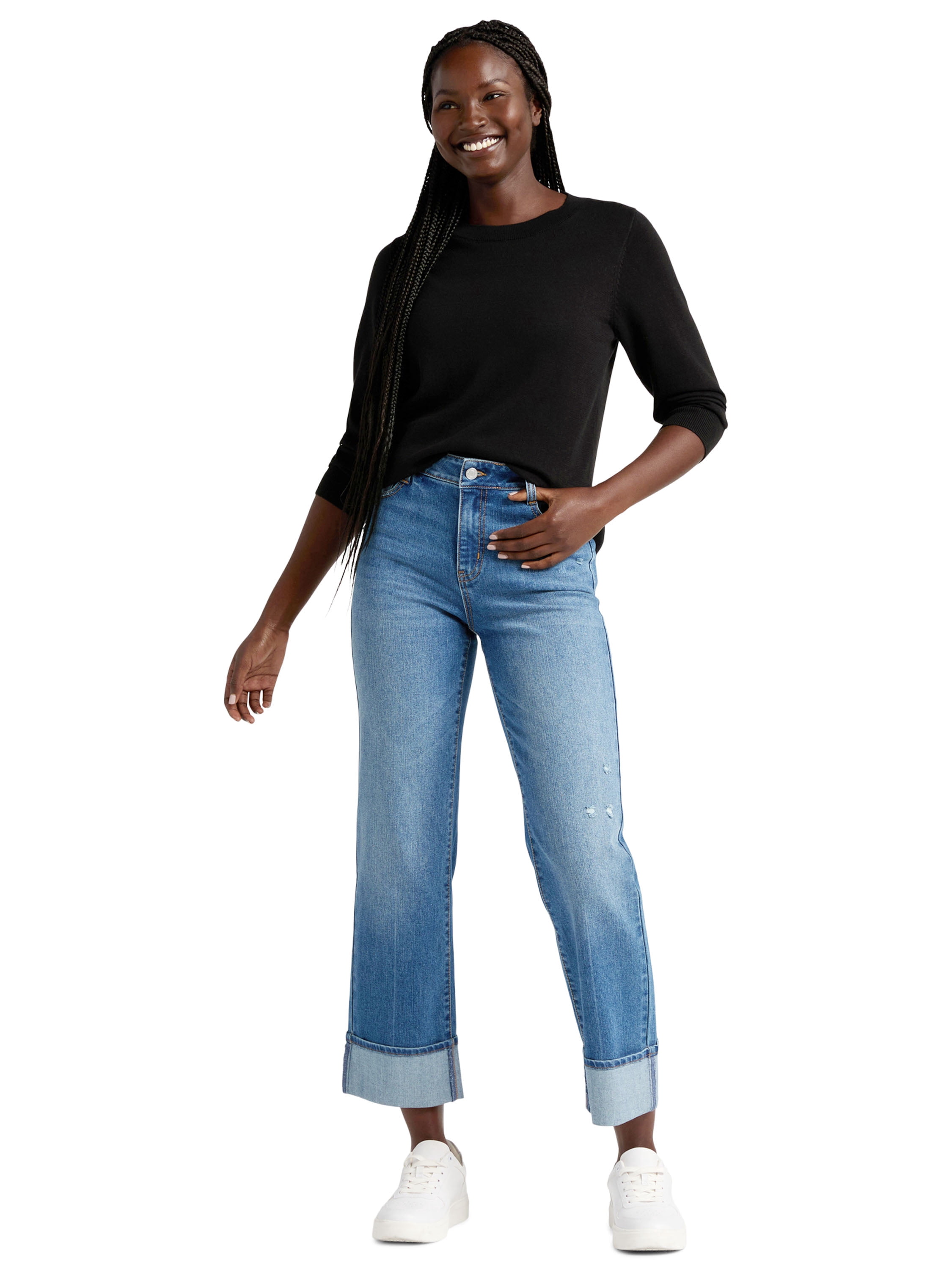 Time and Tru Women's High Rise Straight Leg Cuffed Jeans, 29" Inseam, Sizes 2-20