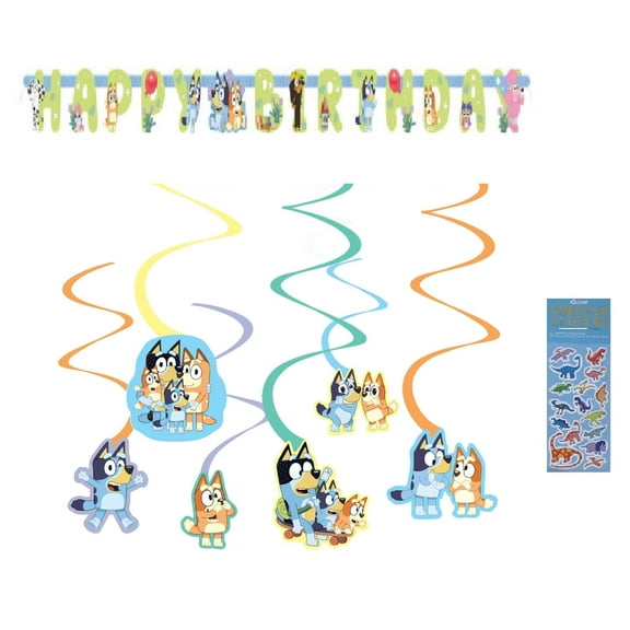 Bluey Birthday Party Supplies Bundle includes 1 Happy Birthday Banner, 12 Piece Hanging Swirl Decoration with Cutouts, 1 Dinosaur Sticker Sheet