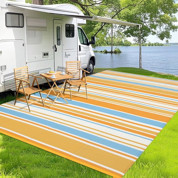 GIMMYFIVE 8x10 FT Reversible Outdoor Rug, Waterproof Plastic Straw Mat for Patio, RV, Camping, Striped Design