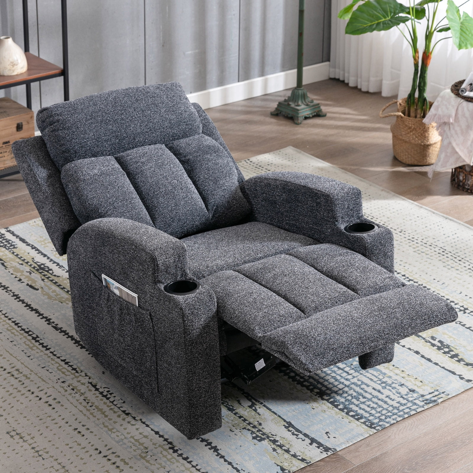Ebello Manual Heated Massage Recliner, Soft Fabric Modern Overstuffed Recliner with Cup Holders for Living Room & Home Theater, Navy
