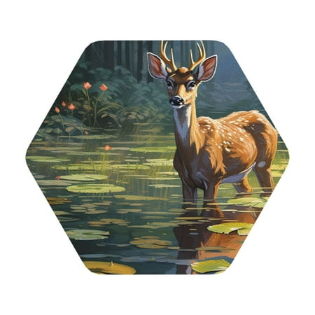 

Giroia Peaceful Deer Lily Pond Coasters Leather Coasters Set of 6 Coaster for Drinks Hexagon