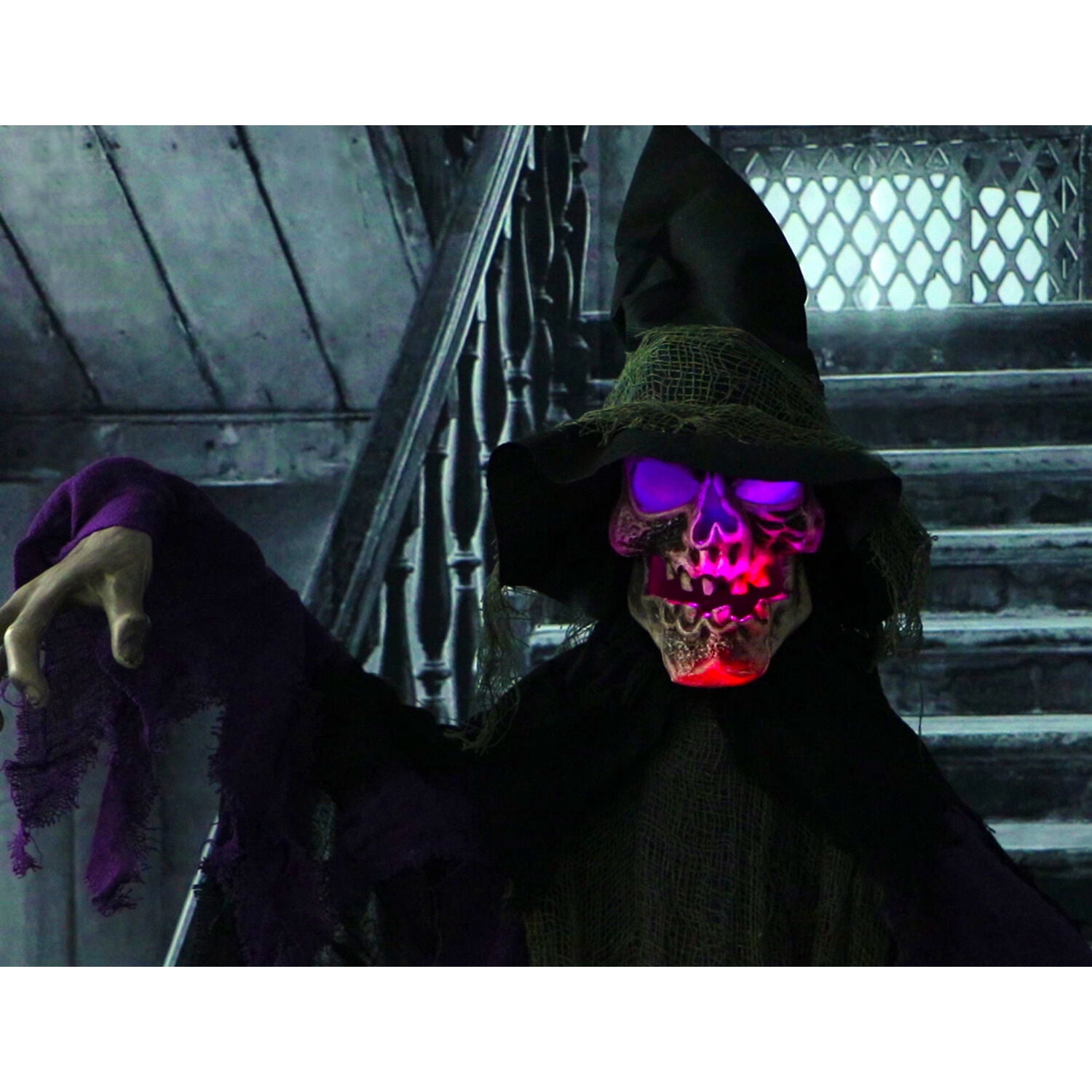 Haunted Hill Farm Life-Size Skeleton Witch Prop w/ 6-Function Multi-Color Light, Multicolor