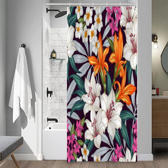 Lily Floral Shower Curtain - White and Yellow Flowers Nature Plants, Waterproof Polyester Fabric, Includes Hooks, 36x72 Inch, Ideal for Modern Artistic Bath Decor, Retro and Boho Styles