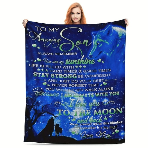 1 pc Son Gift Blanket from Mom to My Son Blanket Son Gifts from Mom Mother Son Gifts in Father's Day Wolf Throws Blanket Super Soft Flannel Blanket for Graduation Birthday Gifts 60''x80''