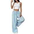 thumbnail image 5 of Women Drawstring Striped Pants Loose Wide Leg Trousers Casual Low Waist Pants Comfy Lounge Pants Blue & Blue Stripe S, 5 of 10