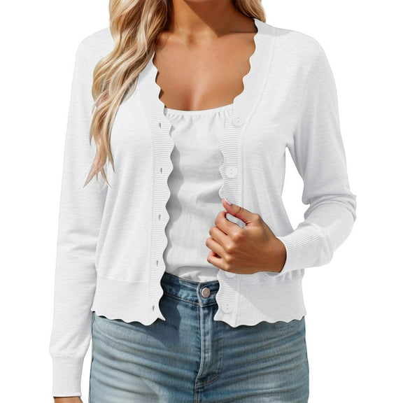 Fiaer Cropped Cardigan Sweaters For Women Button Down Long Sleeve Casual Trendy V-Neck Solid Color Lightweight Tops White XL