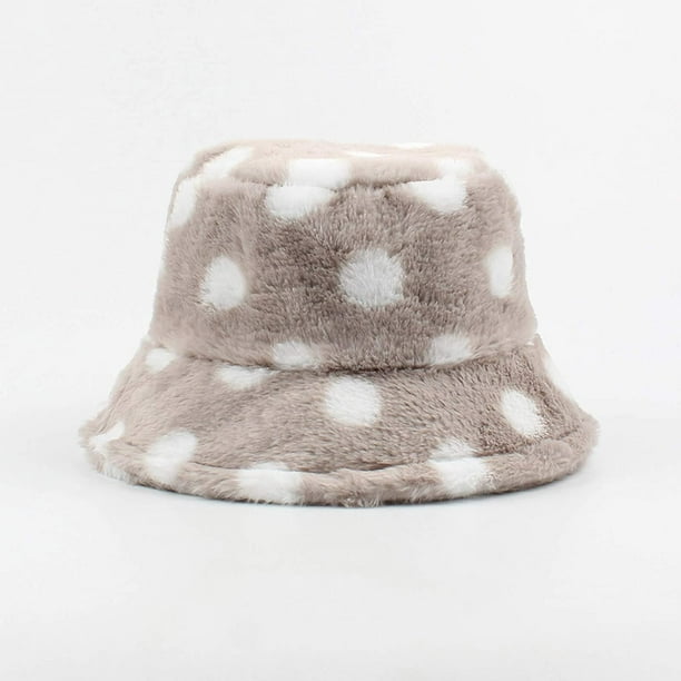 Women Bucket Hat,Women Bucket Hat Faux Fur Fluffy Polka Dots Wide Brim  Sunbonnet Autumn Winter Casual Cap 