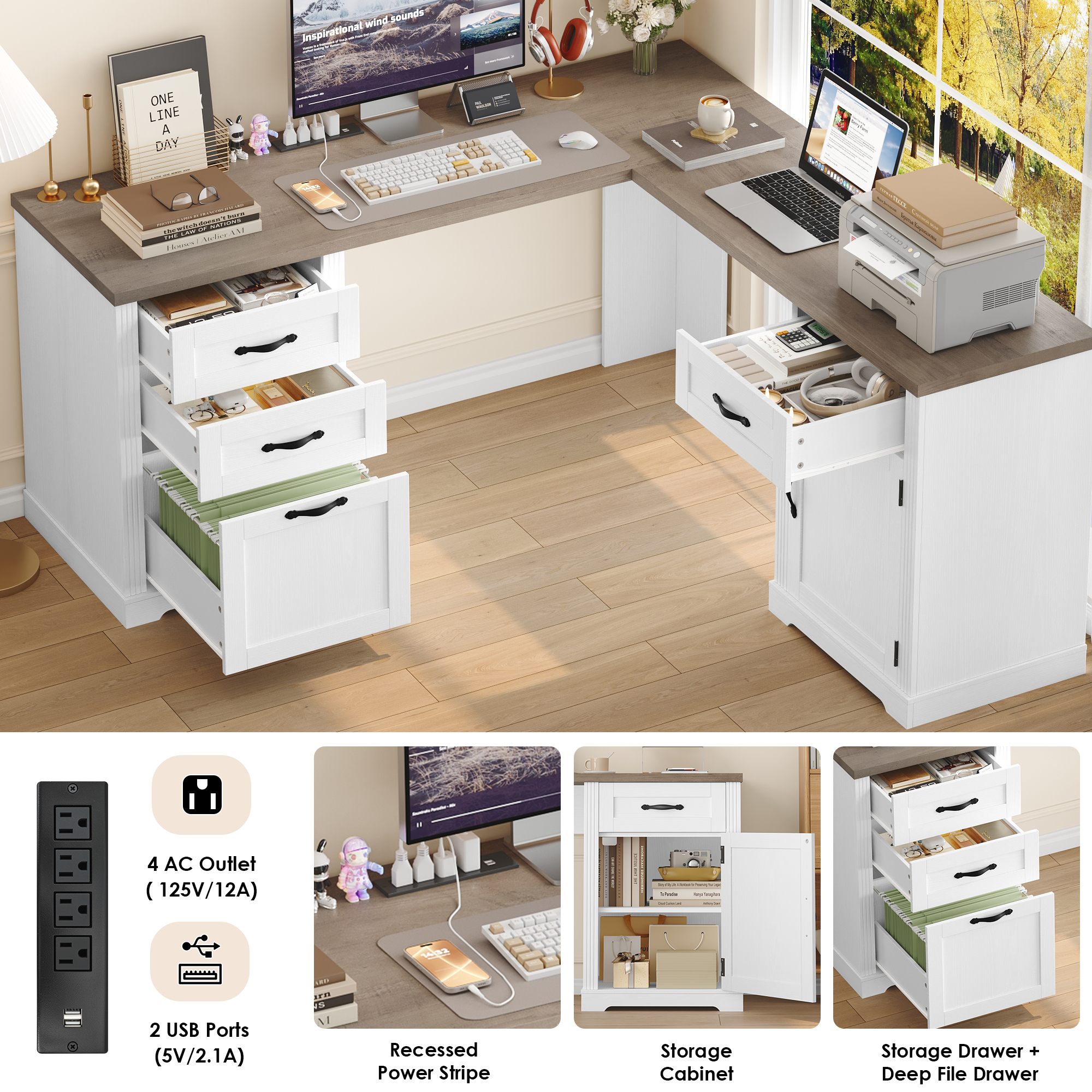 Homfa 59.8‘’W L-Shaped Computer Desk with 4 Drawers and Outlets, Modern White Study Writing Table Desk for Home Office，White