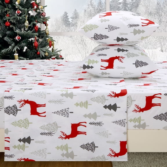 GlowSol 3 Pcs Christmas Flannel Sheet Set Queen Size Soft Heavyweight Brushed Flannel 16 Inches Deep Pocket Winter Warm Sheet Set, White/Red Reindeer