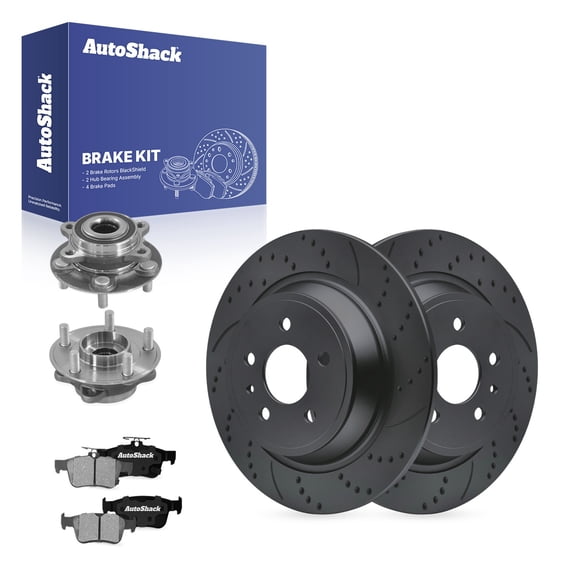 AutoShack Rear Solid Drilled & Slotted Coated Brake Rotors Black Matte Finish   Ceramic Pads   Hub Bearing Assembly 8-PC Brake Kit Replacement for 2014 Ford Fusion BlackShield 12.44" (316 mm)