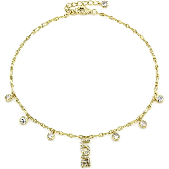 .925 Sterling Silver Gold Plated Love CZ Charm Anklet, Paper Clip Ankle Bracelet, Giorgio Bergamo Gold