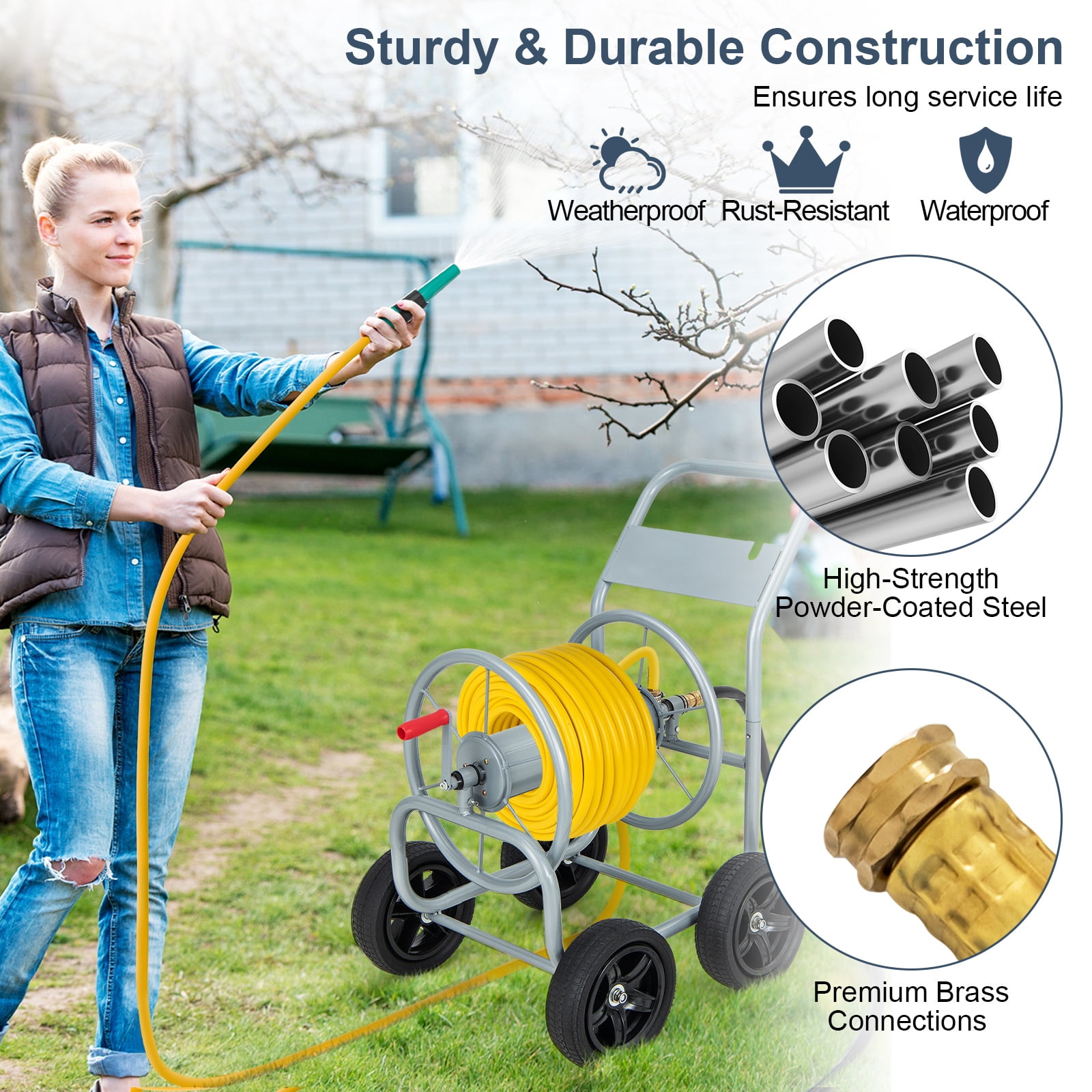 Topbuy 4-Wheel Garden Water Hose Reel Cart, Heavy Duty Wheel Water Planting Cart with Non-slip Crank Handle, Outdoor Slide Hose Guide System Grey