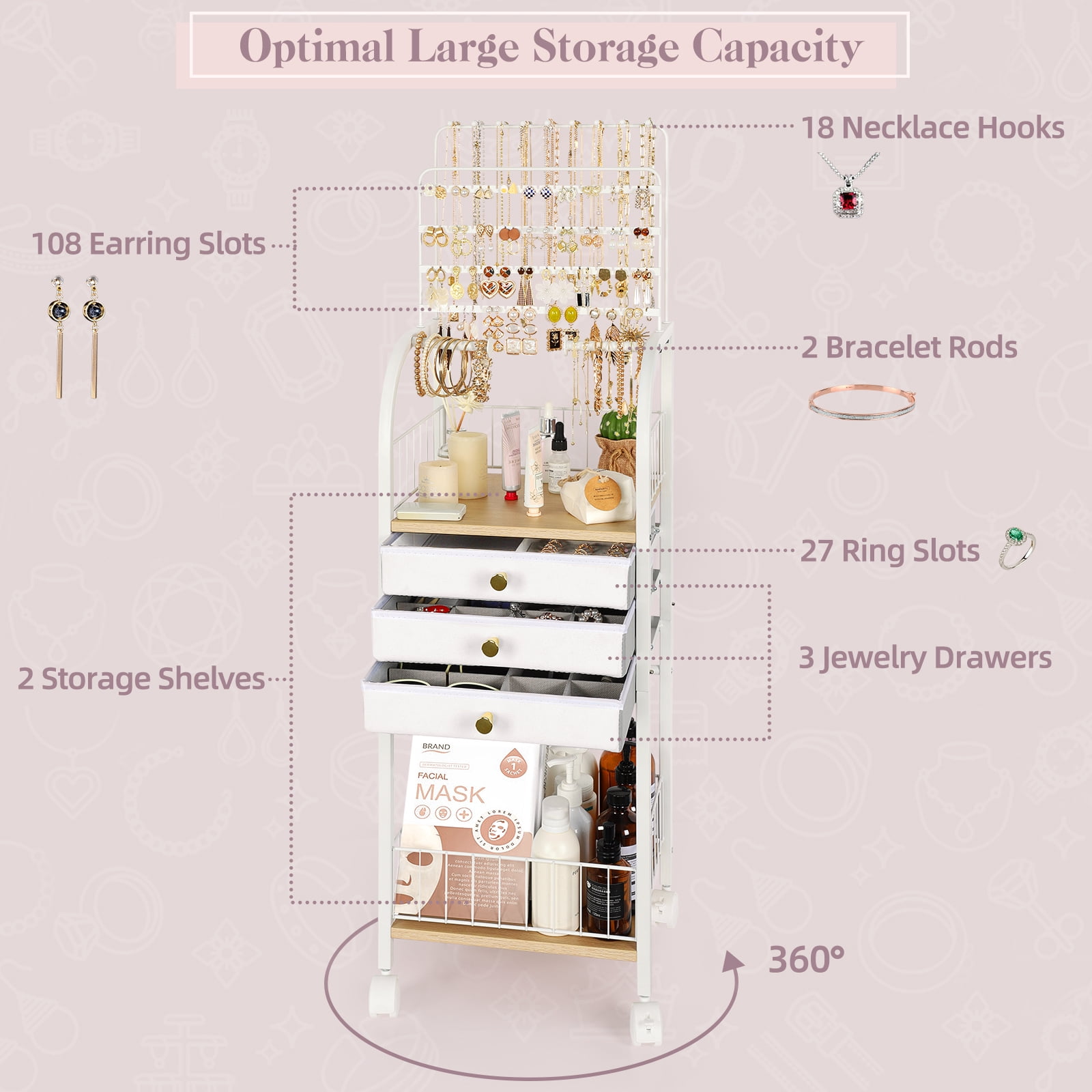 Olakee Large Jewelry Organizer Stand with 3 Drawers — for Necklace, Earring, Ring, Bracelet, Girls & Women, Modern, White