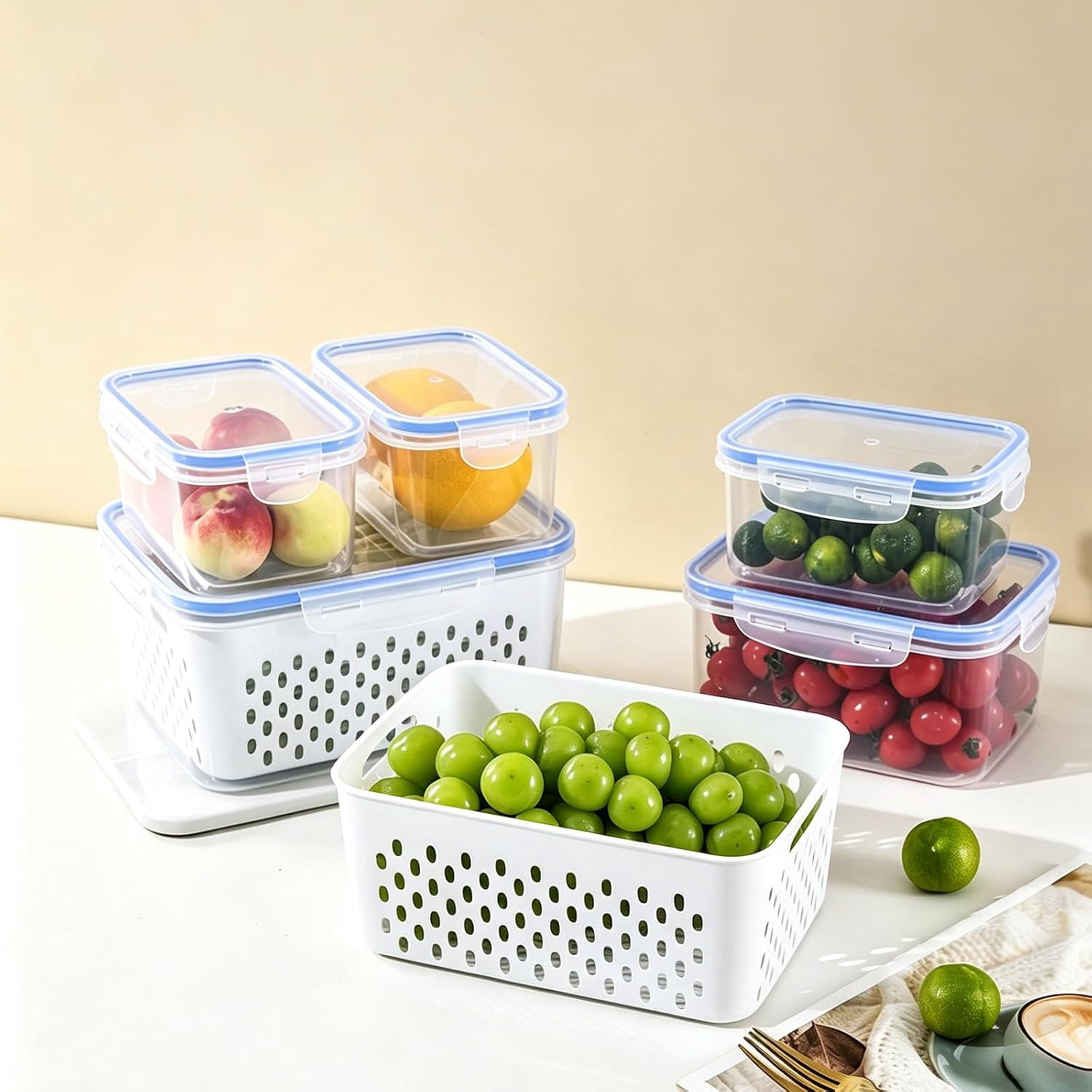 3PCS Fruit Storage Containers for Fridge with Removable Colander, 4 in 1 Airtight Food Storage Containers, Dishwasher & Microwave Safe Produce Containers, Keep Fruits, Vegetables Fresh Longer