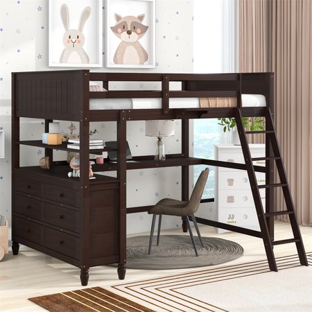 Full Size Loft Bed with Desk  6 Storage Drawers and Storage Shelf for Kids Teens Boys and Girls  Multi-Functional Wooden Loft Bed Frame with Ladder and Guardrails  No Box Spring Required  Espresso