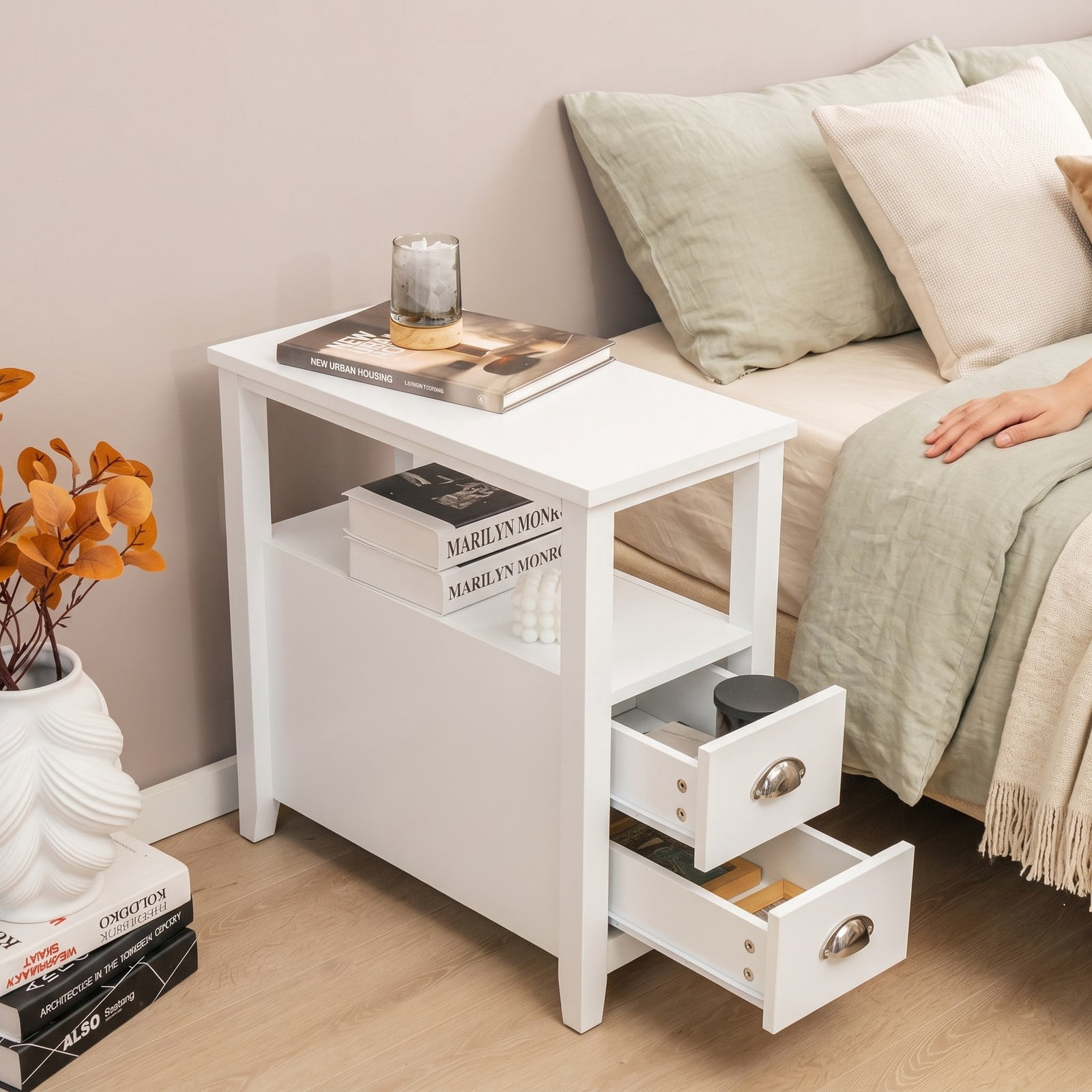 Furnibear Narrow Nightstand with 2 Drawers and Open Shelf Wooden Bedside End Table for the Bedroom and Living Room, White