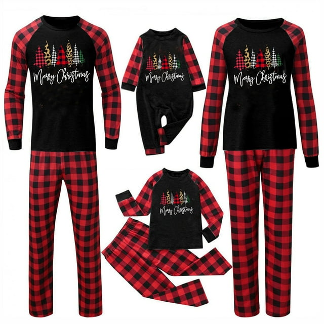 Penkiiy Pyjamas de Noël Assortis pour Famille Tenue Parent-Enfant Costumes de Noël Patchwork à Carreaux Vêtements de Maison Col Rond Manches Longues Pyjamas Deux Pièces Pyjamas de Noël