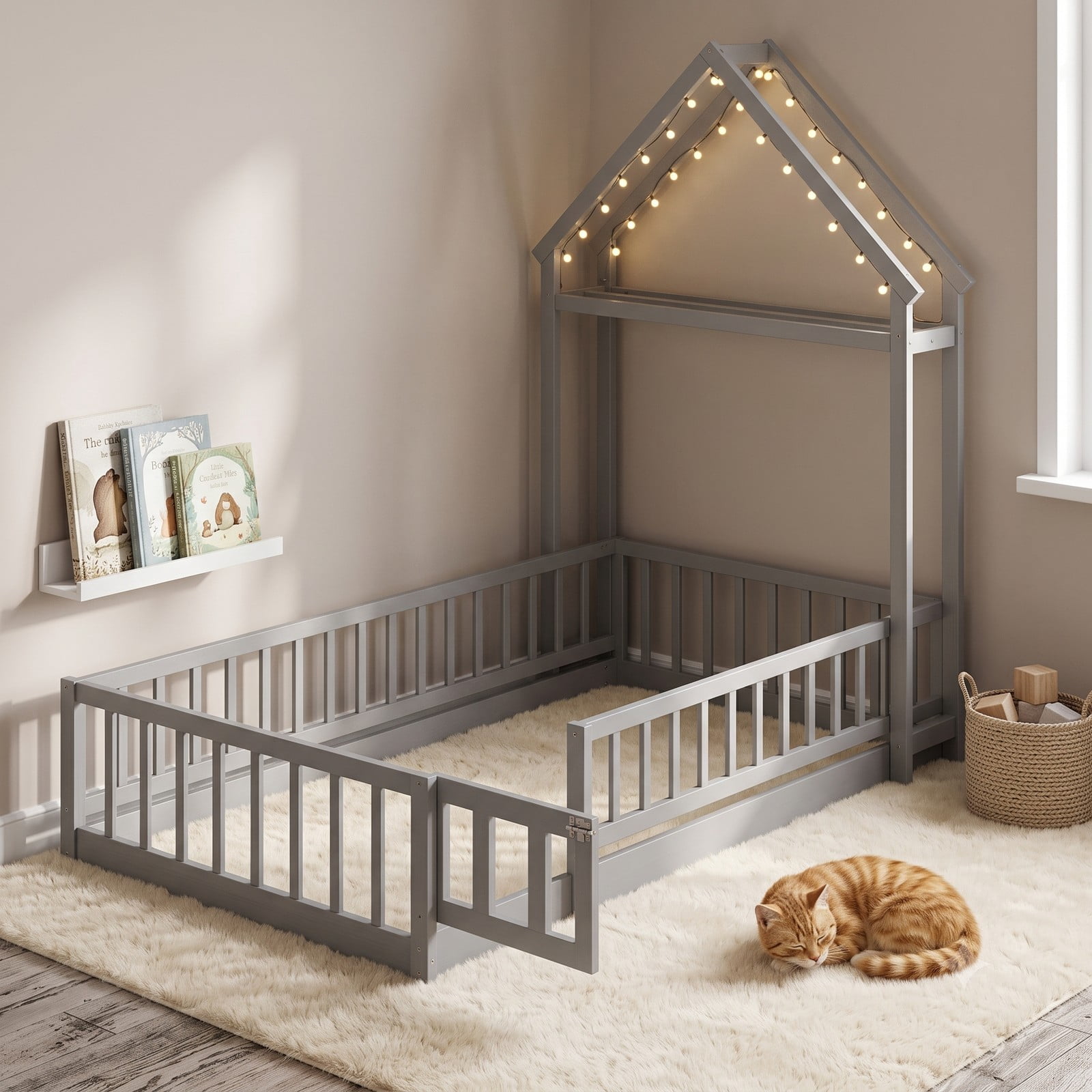 Furnibear Full Size House Floor Bed, Montessori Floor Bed with House-Shaped Frame and Full-Length Fence Guardrails for Kids Room, Gray