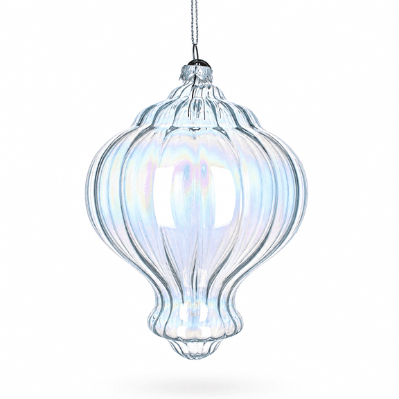 Lantern Shape Finial Clear Iridescent Glass Christmas Ornament 5.3 Inches