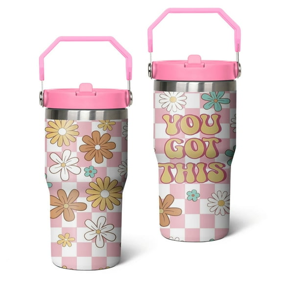 20oz Pioneer Stainless Steel Tumbler with Top Handle,Colorful Floral Travel Coffee Mug Flip Straw Cup,Gifts for Women Girls Men Adults(pink)