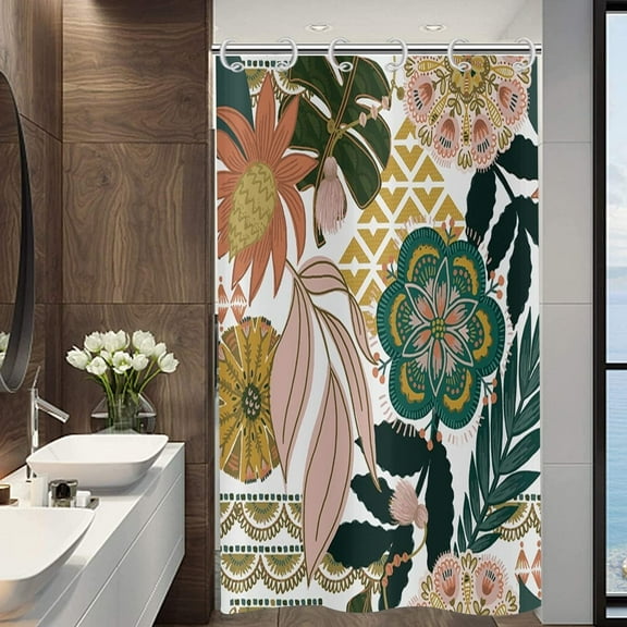 Boho Floral Small Stall Shower Curtain, Colorful Bohemian Abstract Flowers Tropical Leaves Bathroom Curtain Bathtub Home Decor Waterproof Fabric Machine Washable with 12 Plastic hookss, 36" Wx72 L
