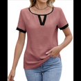 thumbnail image 3 of Blusas Informales Elegantes para Mujer, Blusas de Trabajo Informales de Negocios, Camisas de Corta con Cuello en V y Bloques de Color, Verano 2025 Rosa XL, 3 of 9