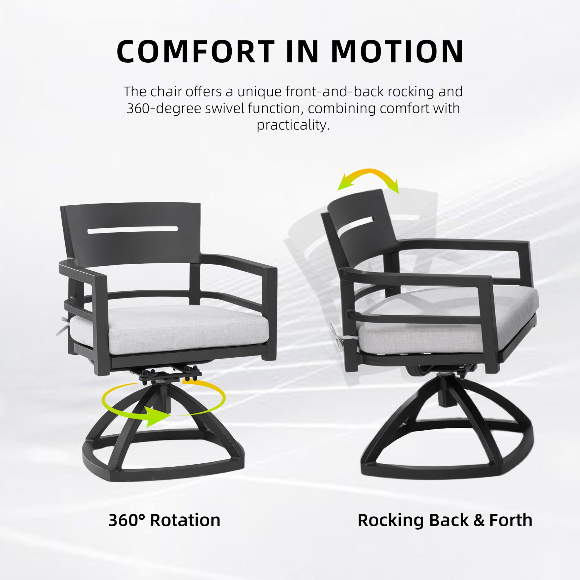 360 Swivel Rocker Chair set of 2, Outdoor Patio Aluminum Swivel Rocker with 2 Armrest and Outdoor-grade Sunbrella Fabric Cushions for Porch, Garden (Ember Black )